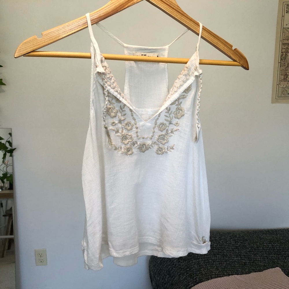 boho white flowy tank w/ embroidery and tie aandf